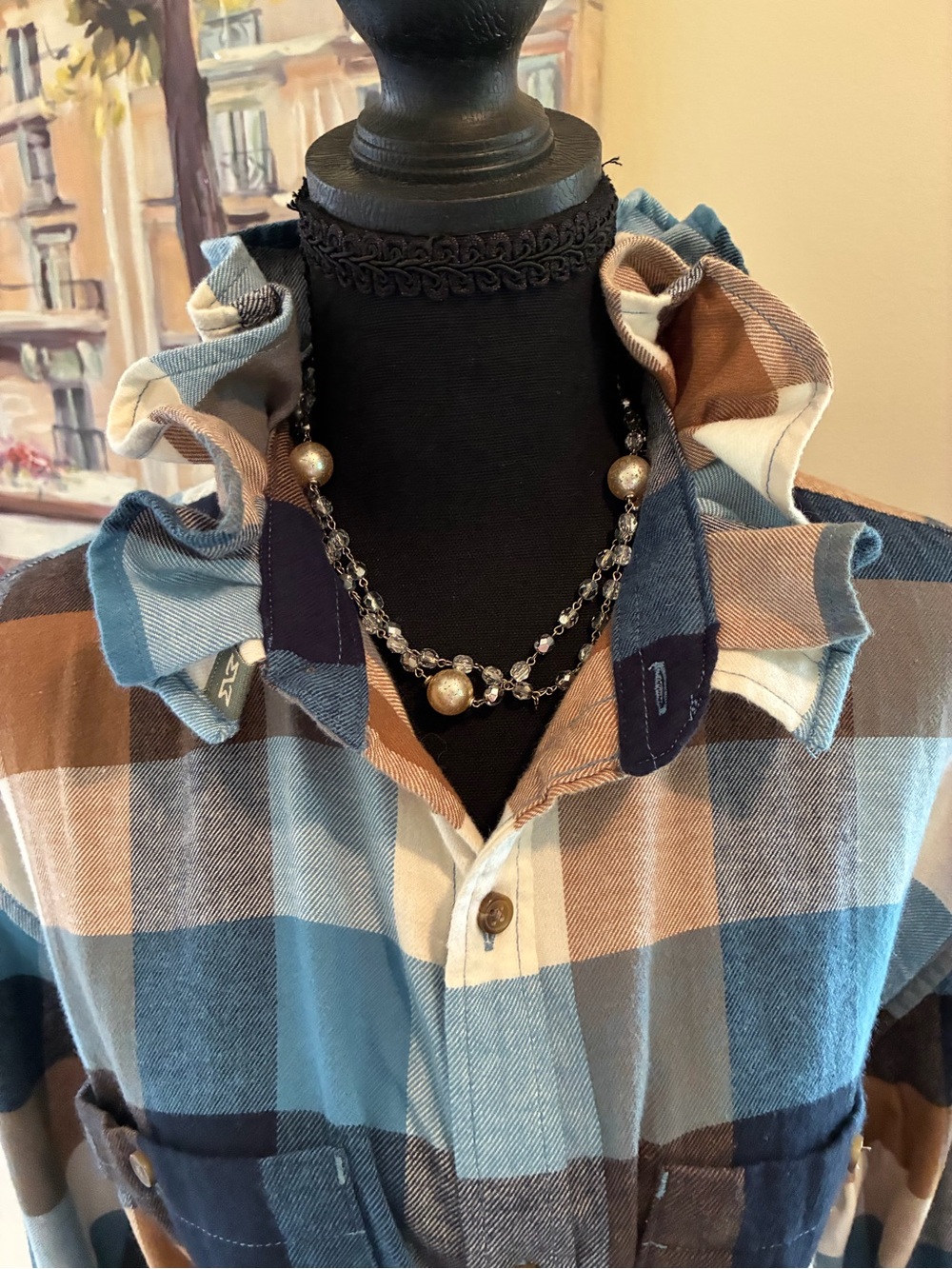 Ruffled Collar Plaid Button-Down Shirt - Blue & Brown - Picture 4 of 6